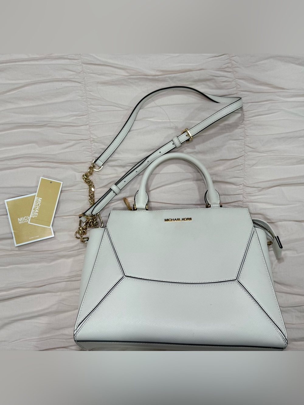 Michael Kors White Saffiano Satchel with Gold Hardware